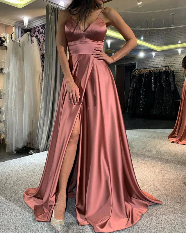 Simple V Neck High Split Satin Prom Dresses